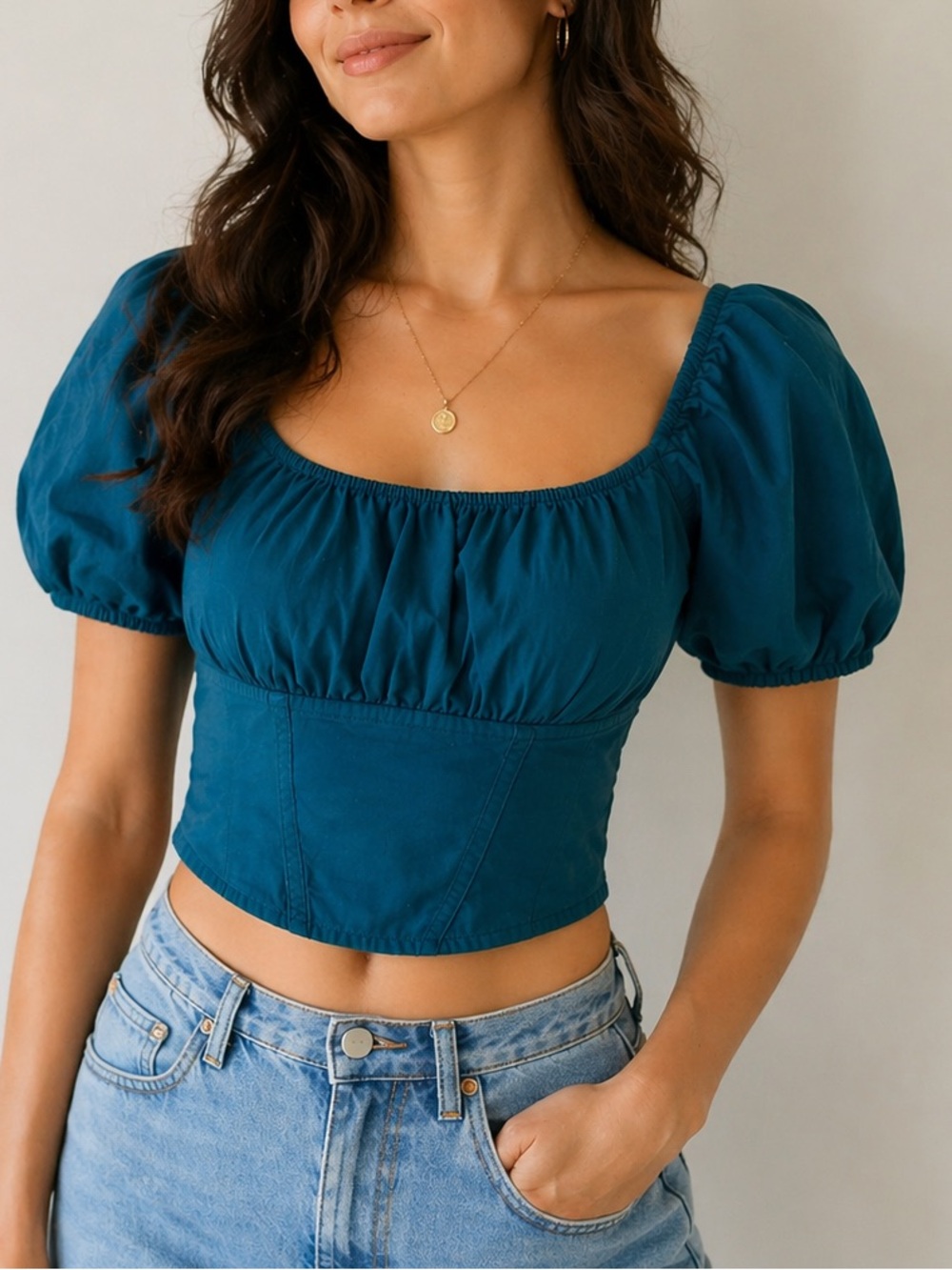 Japna Teal Puff Sleeve Corset Top Smocked Back Cotton Cottagecore